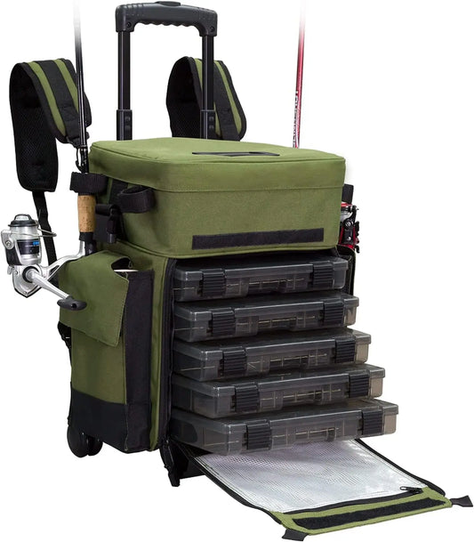 Outdoors Rolling Tackle Box with Wheels - Waterproof Fishing Backpack, 5 Removable Trays, 4 Rod Holders, Gifts for Men, F