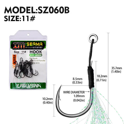 PROBEROS10Pcs Metal Jig Tail Assist Hooks 11-19# With PE Line Feather Solid Ring Jigging Fishhook for 5-80g Lure Fishing Hooks