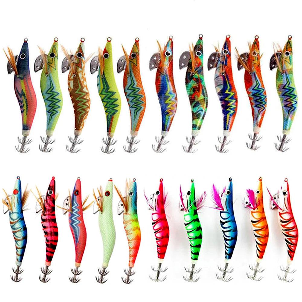 20-Pack Luminous Squid and Shrimp Jigs with 3D Eyes - Wood Lures for Jigging Cuttlefish and Octopus Fishing - Wild Frontier Gear LLC