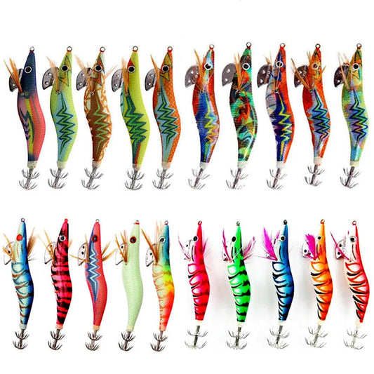 20-Pack Luminous Squid and Shrimp Jigs with 3D Eyes - Wood Lures for Jigging Cuttlefish and Octopus Fishing - Wild Frontier Gear LLC