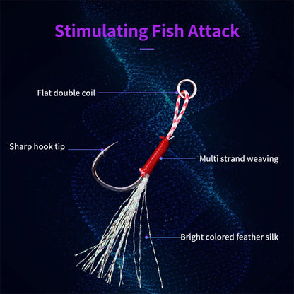 10PCS/Lot Carbon Steel Cast Jig Assist Fishing Hooks Thread Feather Lure Fishing Tackle Slow Jigging Head Hook Lure Accessories