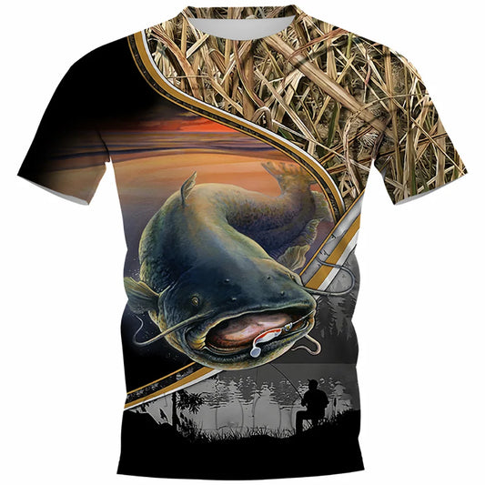 Summer Carp Fishing Printed T-shirt for Men Outdoor Catfish Printed Loose Short Sleeve Quick Drying T-shirt Casual Street Top Li - Wild Frontier Gear LLC