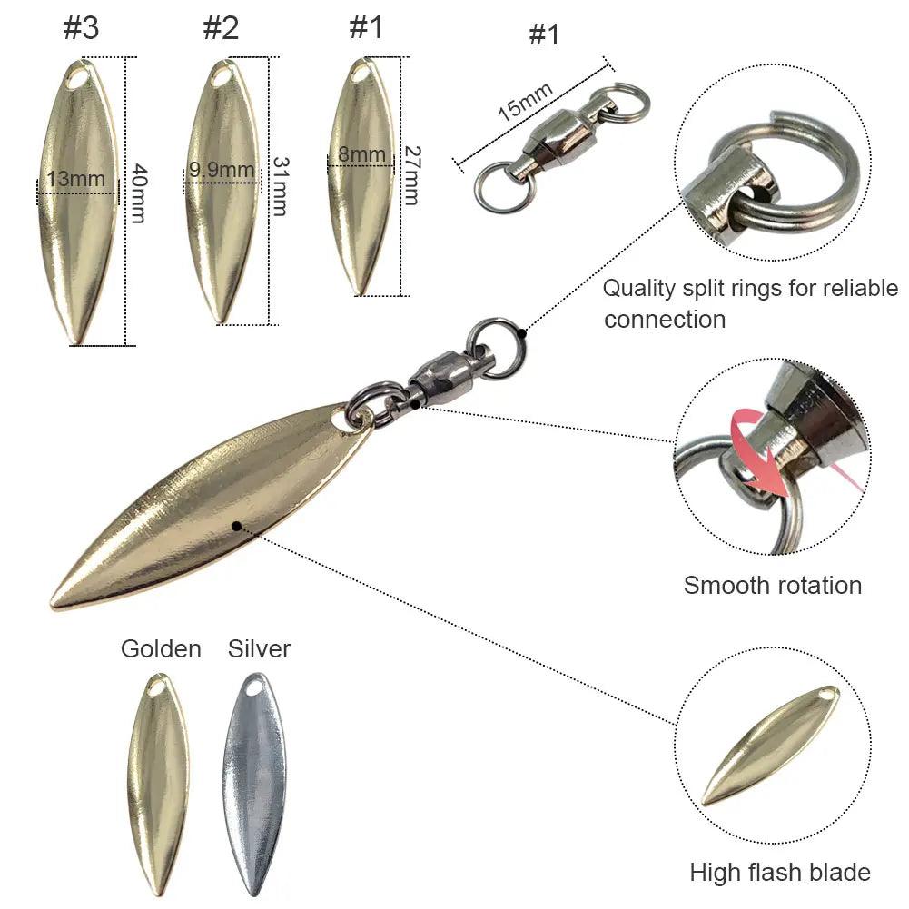 Set of 10 Willowleaf Blades Fishing Lure Accessories with Ball Bearing Swivels for Spinnerbaits and Buzzbaits - Wild Frontier Gear LLC