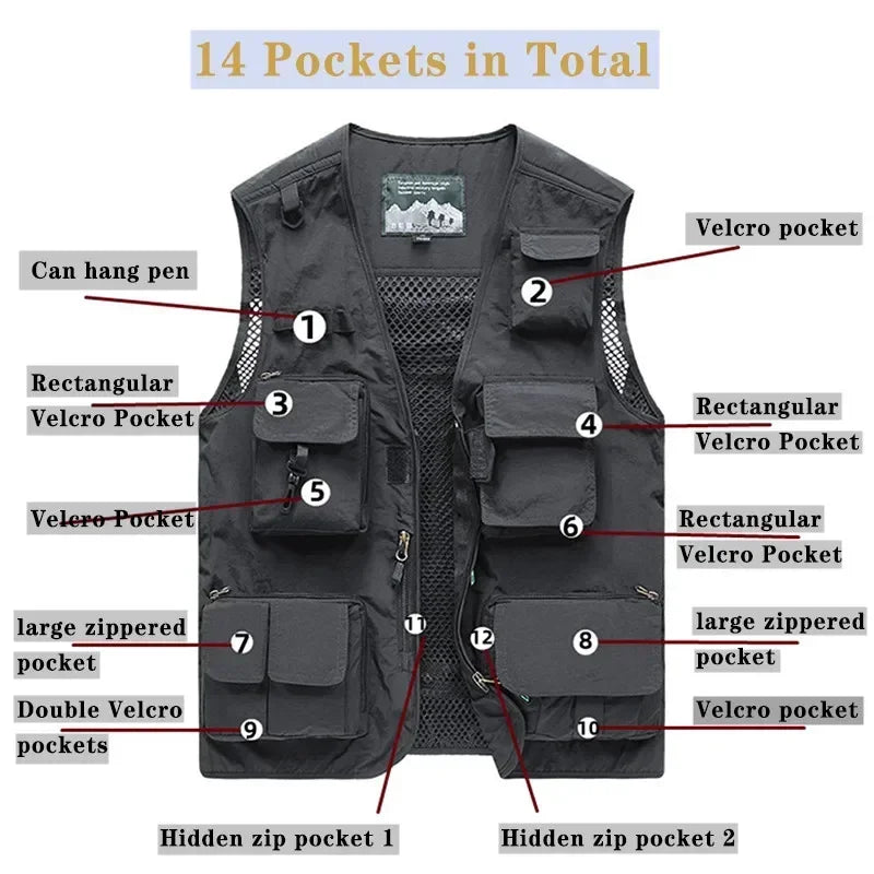 7XL 14 Pockets Summer New Men US Tactical Hiking Fishing Vest Man Photographer Waistcoat Mesh Cargo Sleeveless Jacket Tool Vest - Wild Frontier Gear LLC