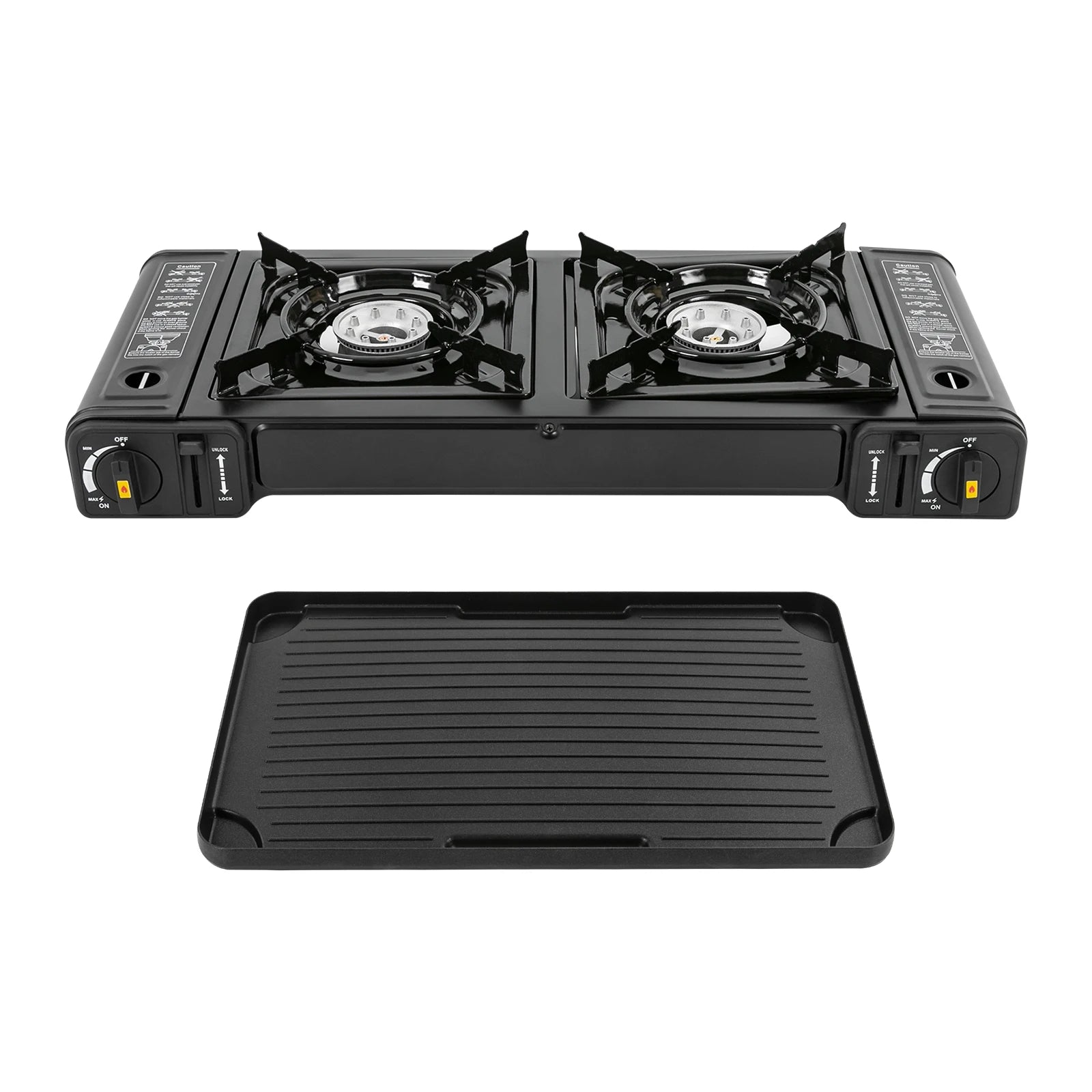 Double Burner Butane Stove Camping Stove Kit with Grill Plate and Carrying Case Portable Auto Ignition Camping Burner LPG Wild Frontier Gear LLC