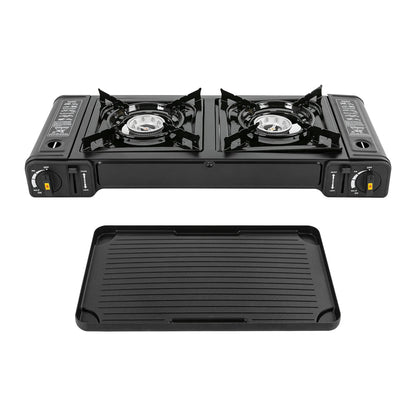 Double Burner Butane Stove Camping Stove Kit with Grill Plate and Carrying Case Portable Auto Ignition Camping Burner LPG Wild Frontier Gear LLC
