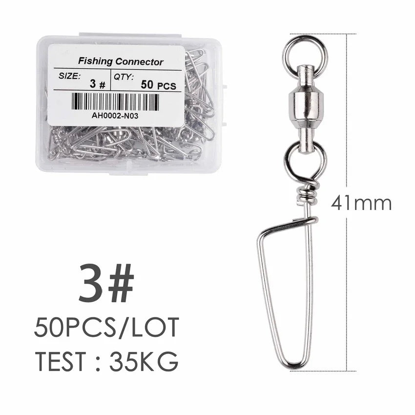 50pcs Fishing Ball Bearing Swivel with Coastlock Snap 0-6# Stainless Barrel Swivels Hook Lure Fishing Connector Tackle Box