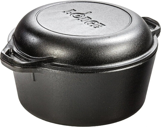 Lodge 5 Quart Pre-Seasoned Cast Iron Double Dutch Oven with Lid - Dual Handles - Lid Doubles as 10.25 Inch Cast Iron Grill Pan - Wild Frontier Gear LLC