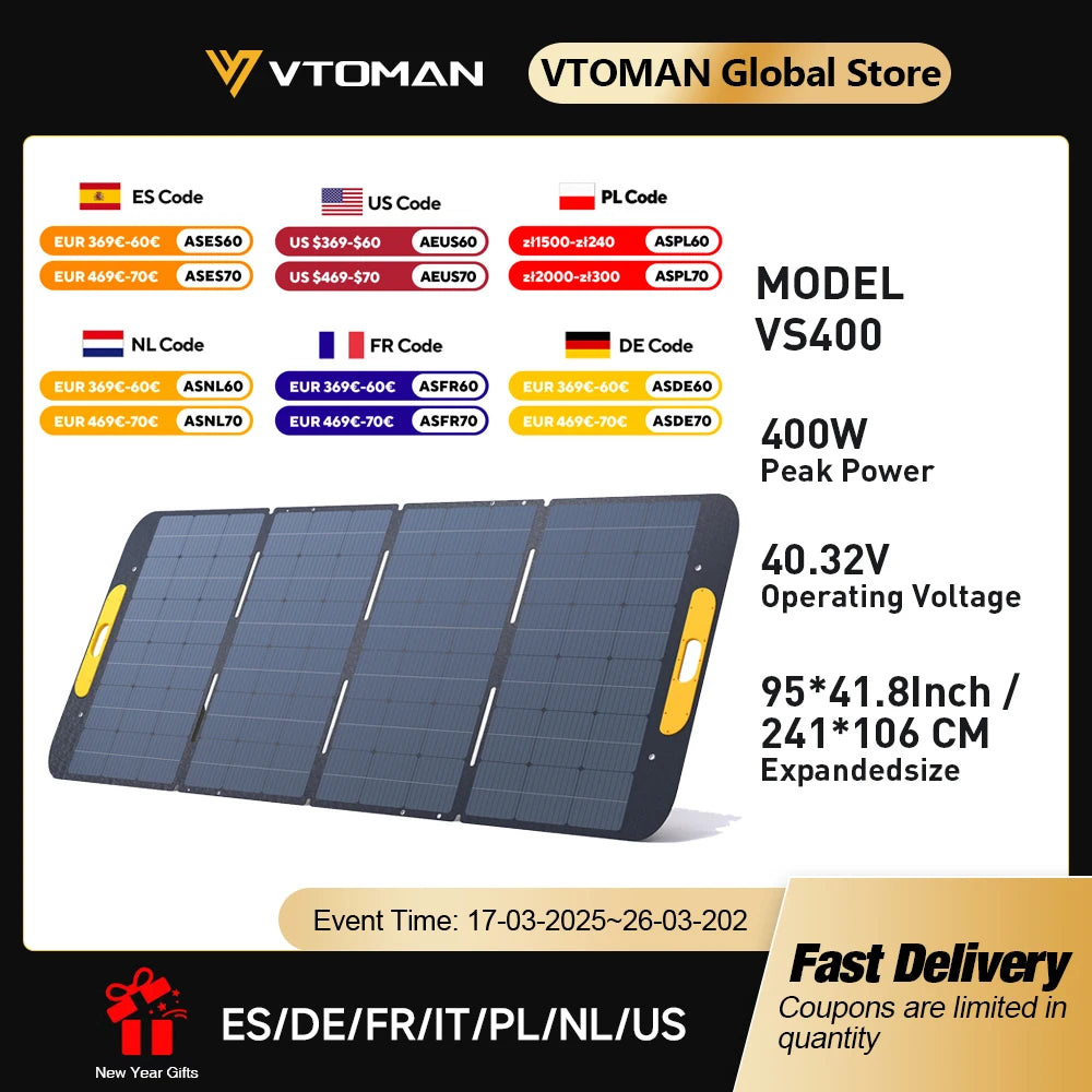VTOMAN VS400W Foldable Solar Panels Cell 40.32V Portable Solar Charging Panel Complete Kit for Outdoor Tourism Power Station Wild Frontier Gear LLC