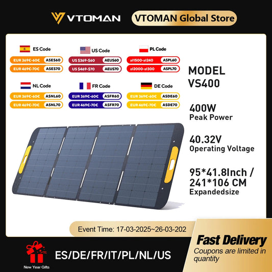 VTOMAN VS400W Foldable Solar Panels Cell 40.32V Portable Solar Charging Panel Complete Kit for Outdoor Tourism Power Station Wild Frontier Gear LLC