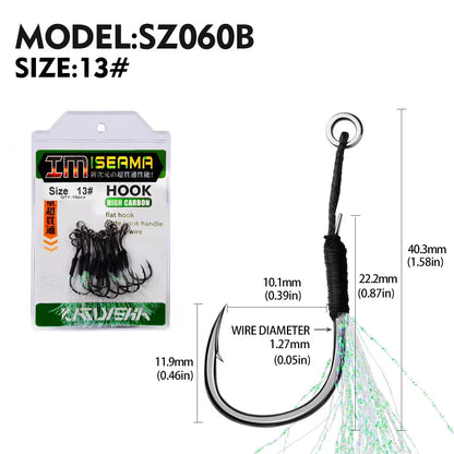 PROBEROS10Pcs Metal Jig Tail Assist Hooks 11-19# With PE Line Feather Solid Ring Jigging Fishhook for 5-80g Lure Fishing Hooks