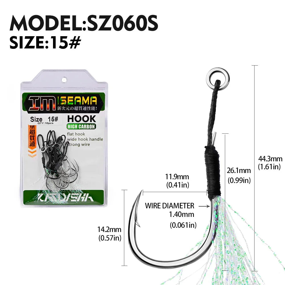 PROBEROS10Pcs Metal Jig Tail Assist Hooks 11-19# With PE Line Feather Solid Ring Jigging Fishhook for 5-80g Lure Fishing Hooks