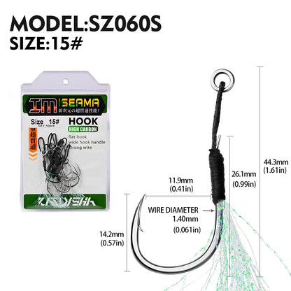 PROBEROS10Pcs Metal Jig Tail Assist Hooks 11-19# With PE Line Feather Solid Ring Jigging Fishhook for 5-80g Lure Fishing Hooks