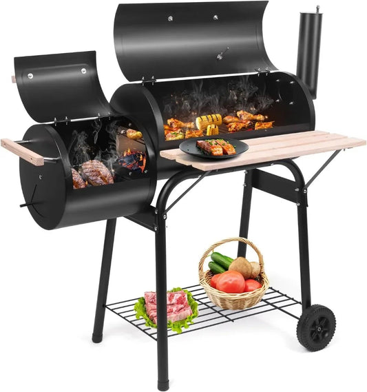 Charcoal Grill and Offset Smoker, Outdoor Patio Barbecue Cooker with Wheels,Side Fire Box for Camping, Picnic, Party Wild Frontier Gear LLC