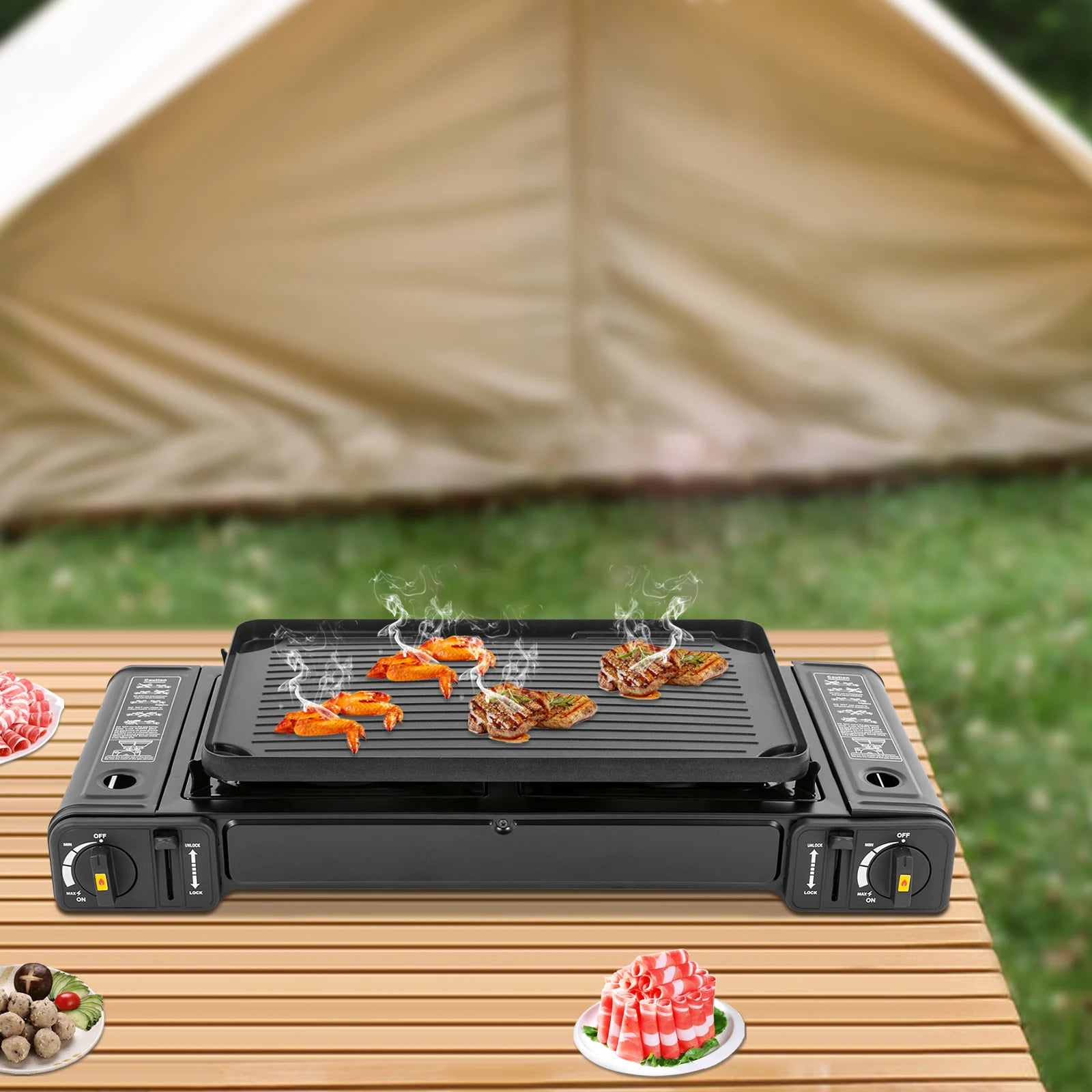 Double Burner Butane Stove Camping Stove Kit with Grill Plate and Carrying Case Portable Auto Ignition Camping Burner LPG Wild Frontier Gear LLC