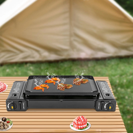 Double Burner Butane Stove Camping Stove Kit with Grill Plate and Carrying Case Portable Auto Ignition Camping Burner LPG Wild Frontier Gear LLC