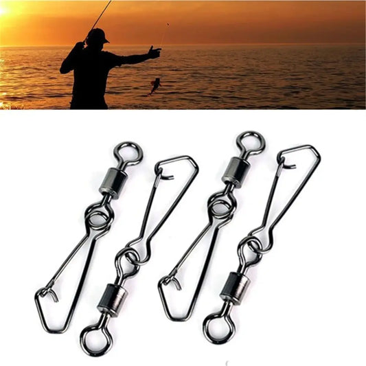 50pcs/lot Stainless Steel Fishing Bearing MS+QL Swivels Interlock Rolling Swivel with Hooked Snap Fishing Hook Connector Tackle