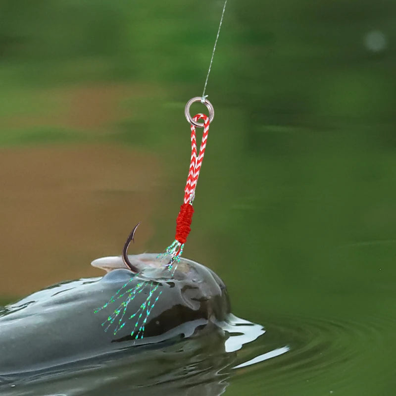 10PCS/Lot Carbon Steel Cast Jig Assist Fishing Hooks Thread Feather Lure Fishing Tackle Slow Jigging Head Hook Lure Accessories