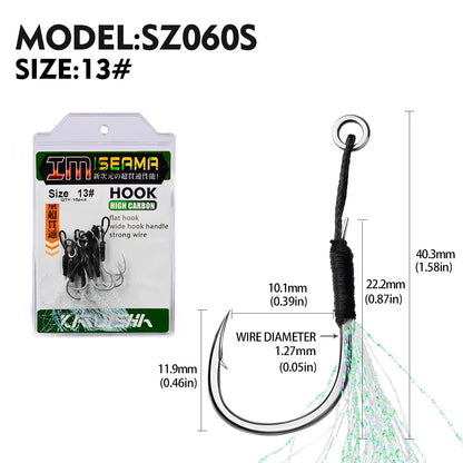 PROBEROS10Pcs Metal Jig Tail Assist Hooks 11-19# With PE Line Feather Solid Ring Jigging Fishhook for 5-80g Lure Fishing Hooks