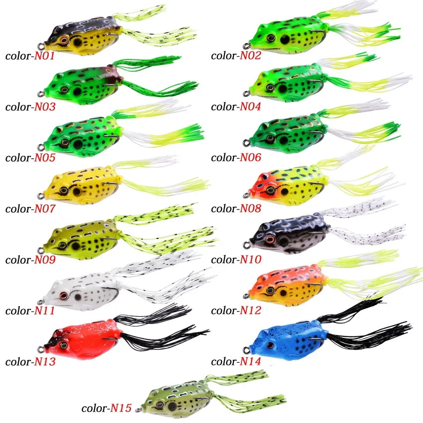 15pc/set Frog Soft Lure Tube Bait Plastic Fishing Lure with Fishing Hooks Topwater Ray Frog Artificial 3D Eyes Fishing Lures Set
