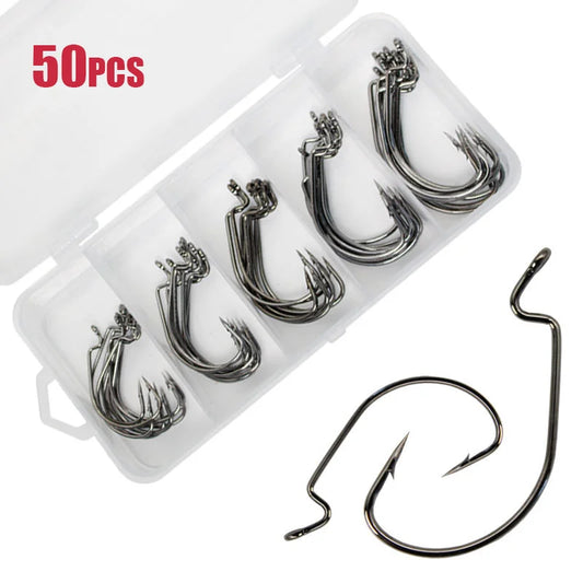 50pcs Wide Worm Hook Carbon Steel Offset Fishhook Bass Barbed Carp Fishing Hook Fishing Accessories Fishing Gear Fishing Tackle
