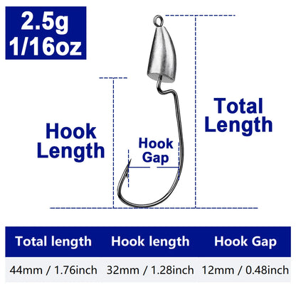 FishTrip 10Pcs Bullet Jig Heads Fishing Hooks 1.75g~14g Texas Rig Saltwater Freshwater Offset Weighted Hook Weedless