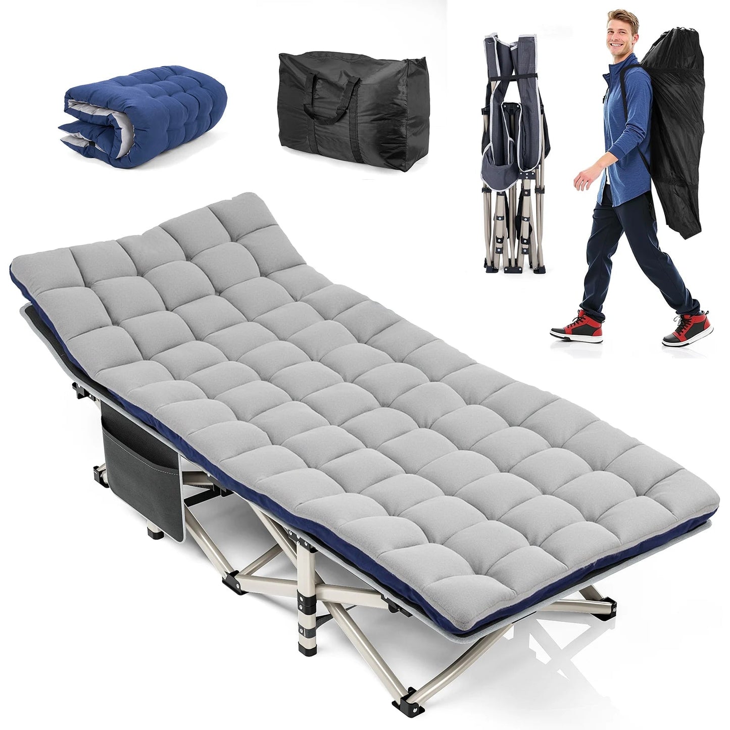 Folding Camping Cot W/Mat for Adults, Heavy Duty Outdoor Bed with Carry Bag,1200 D Layer Oxford Travel Camp Cots Wild Frontier Gear LLC