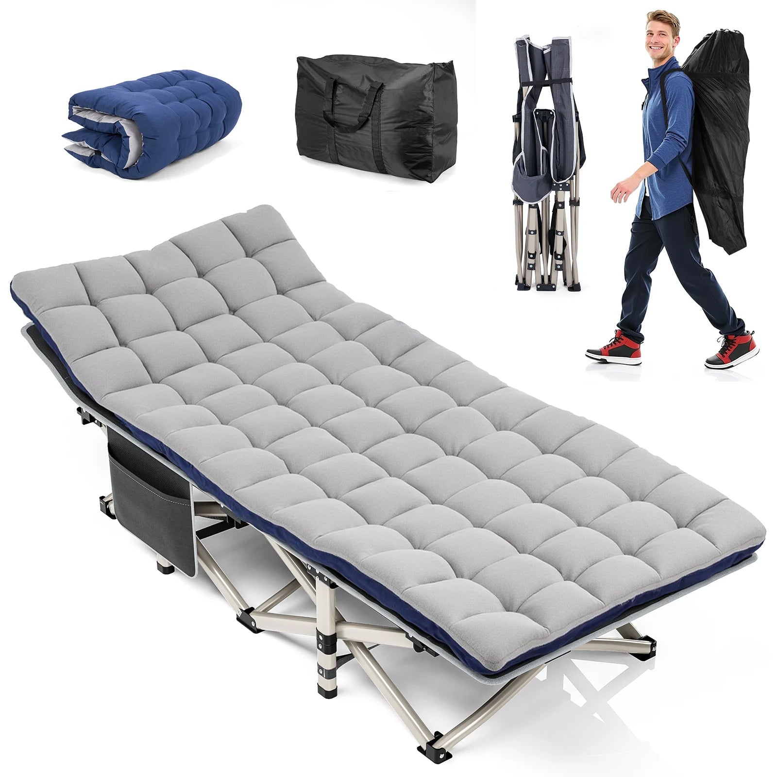 Folding Camping Cot W/Mat for Adults, Heavy Duty Outdoor Bed with Carry Bag,1200 D Layer Oxford Travel Camp Cots Wild Frontier Gear LLC