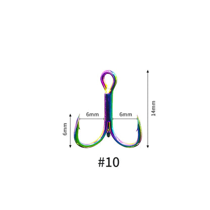 FLYSAND 10Pcs/Box Treble Fishing Hook Stainless Steel Saltwater Freshwater Colourful Rainbow Anchor Three Hooks #4 #6 #8 #10