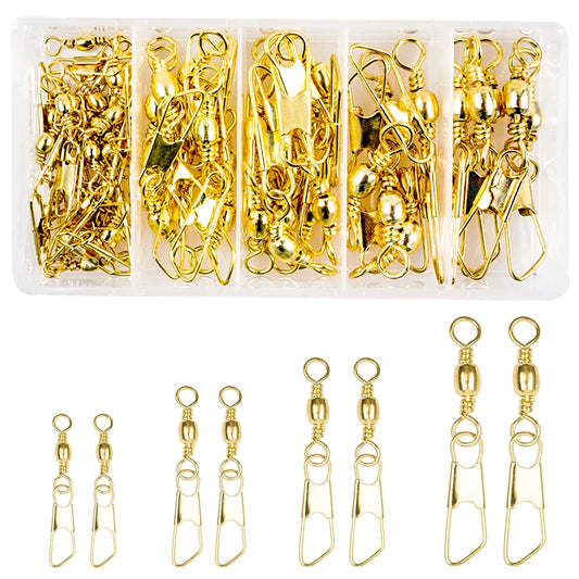 50Pcs Gold Fishing Barrel Swivel with Safety Copper Fishing Connector Snap Swivels High Strength lure Fishing Accessories Tackle