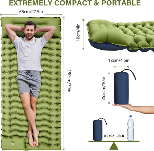 Outdoor camping super thick 4-inch inflatable sleeping mat with built-in pillow and pump air mat for travel hiking climbing Wild Frontier Gear LLC