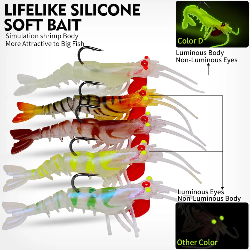 1pcs 6g 13g 19g Sinking Luminous Eyes Silicone Shrimp Baits Bionic Soft Prawn Lures Jig Head Swimbait Jigging Hook Wobbler
