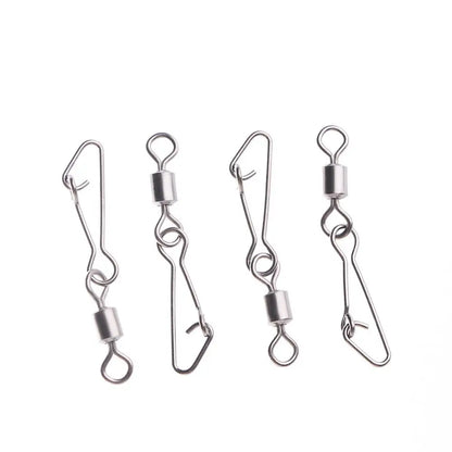 50pcs/lot Stainless Steel Fishing Bearing MS+QL Swivels Interlock Rolling Swivel with Hooked Snap Fishing Hook Connector Tackle