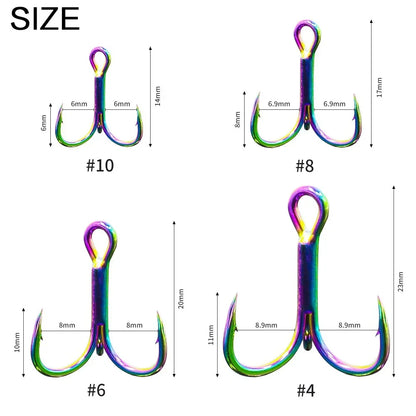 FLYSAND 10Pcs/Box Treble Fishing Hook Stainless Steel Saltwater Freshwater Colourful Rainbow Anchor Three Hooks #4 #6 #8 #10