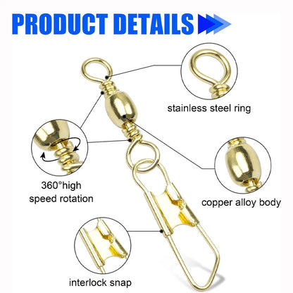 50Pcs Gold Fishing Barrel Swivel with Safety Copper Fishing Connector Snap Swivels High Strength lure Fishing Accessories Tackle