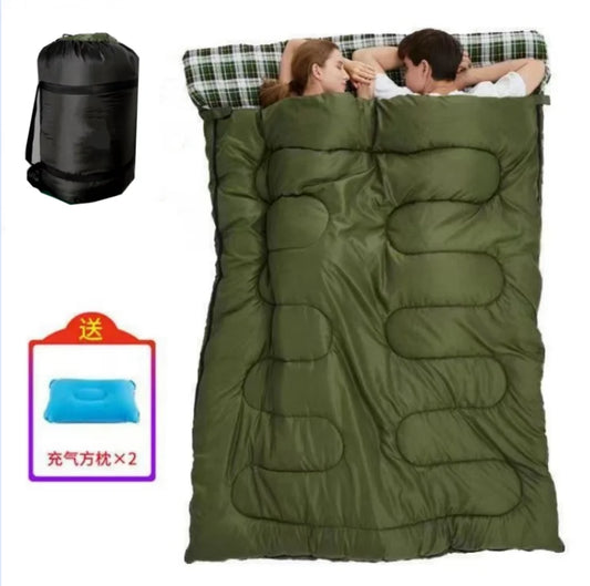 Two person warm sleeping bag for outdoor camping, hiking, sleeping bag with 2 pillows, three season warm portable sleeping bag