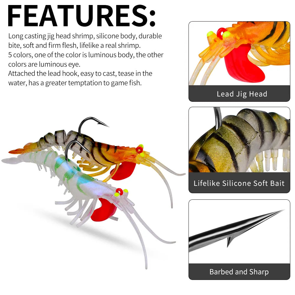 1pcs 6g 13g 19g Sinking Luminous Eyes Silicone Shrimp Baits Bionic Soft Prawn Lures Jig Head Swimbait Jigging Hook Wobbler