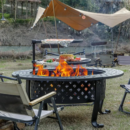 42 Inch Fire Pit with 2 BBQ Grills, Wood Burning Fire Pits for Outside with Lid & Fire Poker, BBQ& Outdoor Firepit & Round Metal Wild Frontier Gear LLC