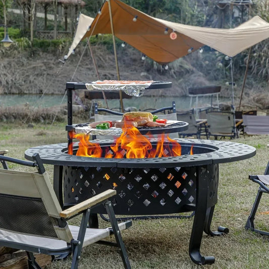42 Inch Fire Pit with 2 BBQ Grills, Wood Burning Fire Pits for Outside with Lid & Fire Poker, BBQ& Outdoor Firepit & Round Metal Wild Frontier Gear LLC