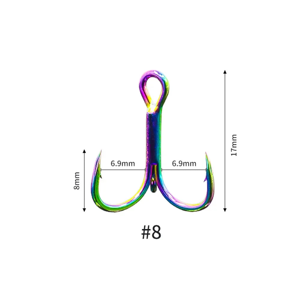 FLYSAND 10Pcs/Box Treble Fishing Hook Stainless Steel Saltwater Freshwater Colourful Rainbow Anchor Three Hooks #4 #6 #8 #10