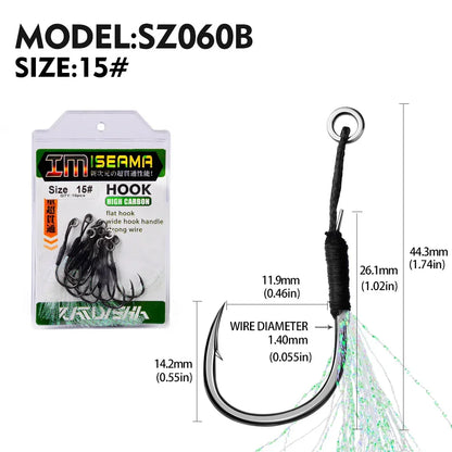 PROBEROS10Pcs Metal Jig Tail Assist Hooks 11-19# With PE Line Feather Solid Ring Jigging Fishhook for 5-80g Lure Fishing Hooks