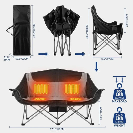 Heated Double Camping Chair, 2-Person Folding Camp Chair with 12V 16000mAh Battery Pack, Heated Portable Loveseat Chair - Wild Frontier Gear LLC
