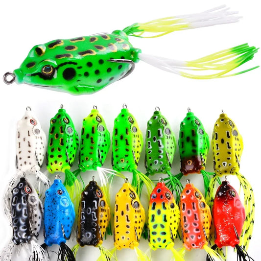 15pc/set Frog Soft Lure Tube Bait Plastic Fishing Lure with Fishing Hooks Topwater Ray Frog Artificial 3D Eyes Fishing Lures Set