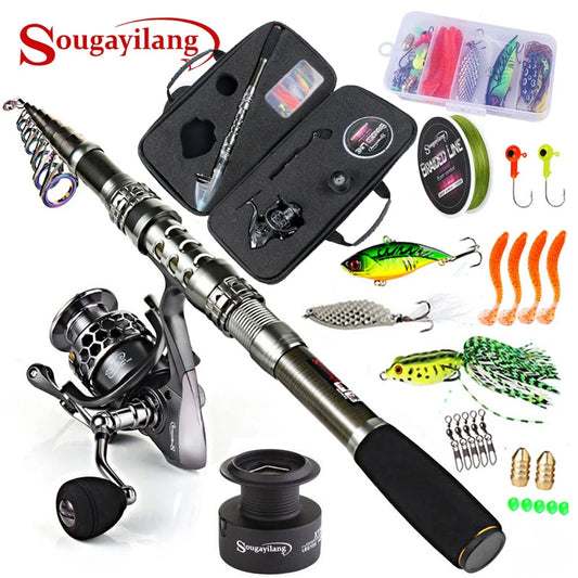 Sougayilang Fishing Rod Combos with Telescopic Fishing Pole Spinning Reels Fishing Carrier Bag Lure line Sets For Travel Fishing