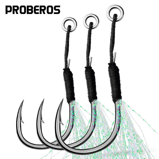 PROBEROS10Pcs Metal Jig Tail Assist Hooks 11-19# With PE Line Feather Solid Ring Jigging Fishhook for 5-80g Lure Fishing Hooks