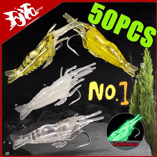 New 50-5PCS Soft Silicone Luminous Simulation Shrimp Lure With Hook Artificial Baits Fishing Lures Fishing Accessory Fishing Set