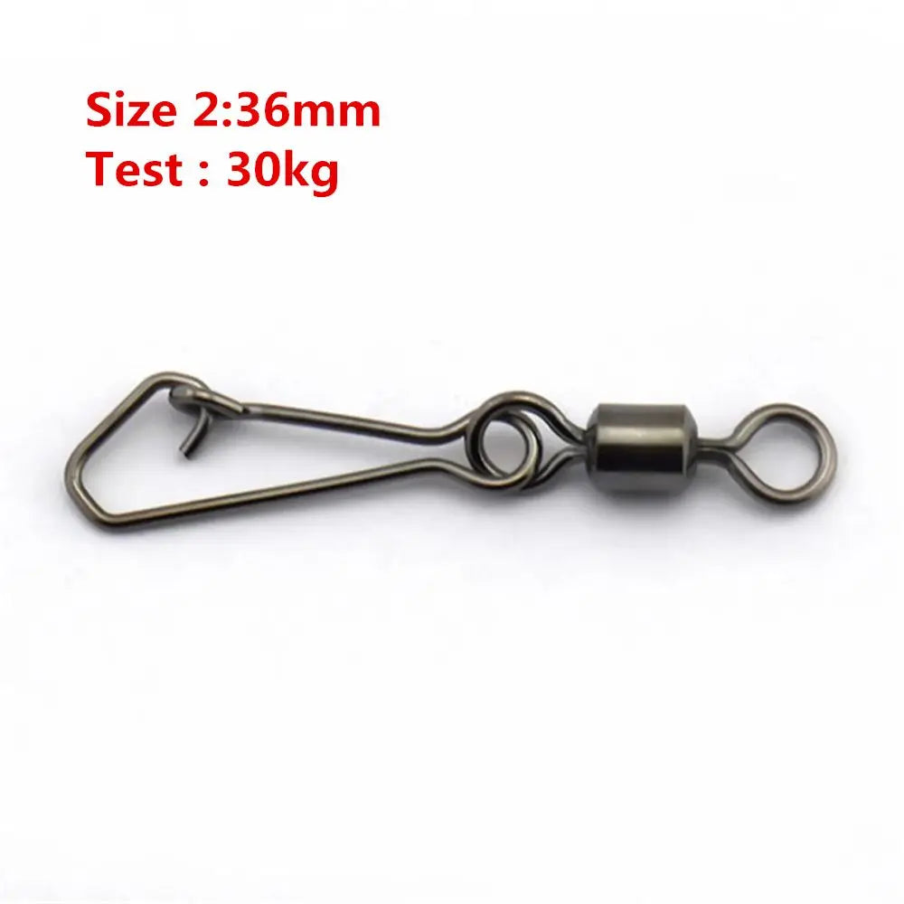 50pcs/lot Stainless Steel Fishing Bearing MS+QL Swivels Interlock Rolling Swivel with Hooked Snap Fishing Hook Connector Tackle