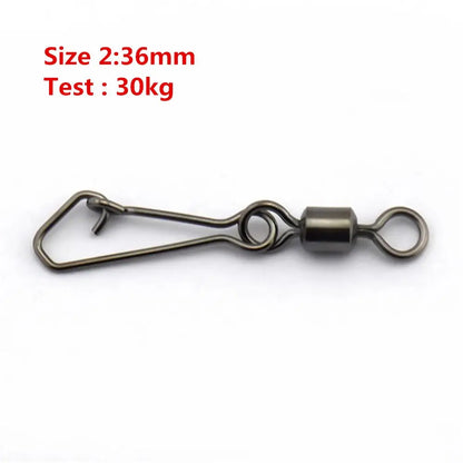 50pcs/lot Stainless Steel Fishing Bearing MS+QL Swivels Interlock Rolling Swivel with Hooked Snap Fishing Hook Connector Tackle