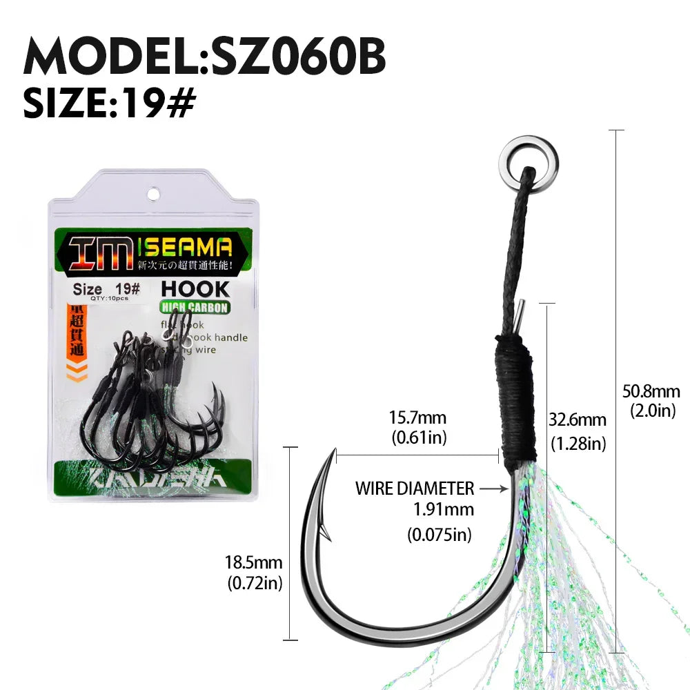 PROBEROS10Pcs Metal Jig Tail Assist Hooks 11-19# With PE Line Feather Solid Ring Jigging Fishhook for 5-80g Lure Fishing Hooks