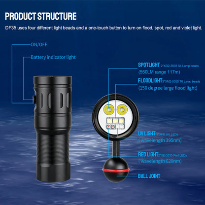 Trustfire DF35 Diving Flashlight 2350 Lumens Led Spotlight Flood Uv/Red/White Light Underwater Lamp For Scuba Cave Dive Camera P
